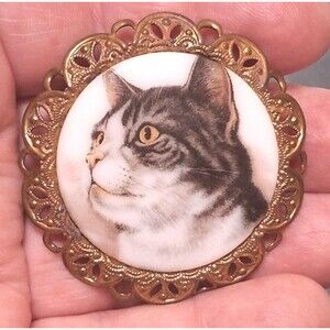 Vintage West Germany Porcelain Cat Cameo Brooch Tabby Tiger Pin